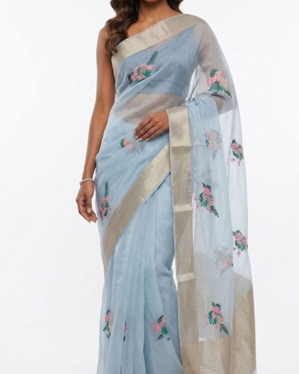 Home pastel powder blue sheer saree