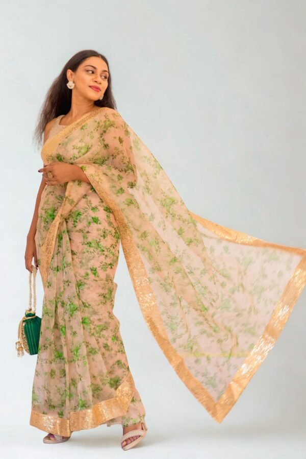pastel floral gold border saree