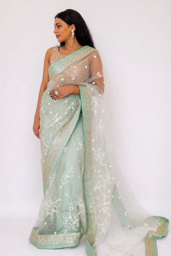 Home pastel mint green organza saree