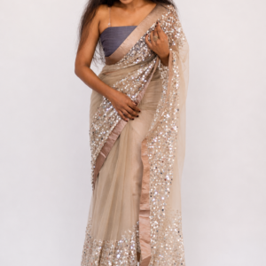 beige tulle saree