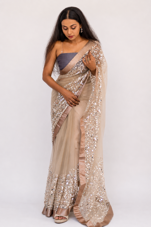 beige tulle saree
