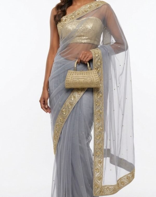 Home light grey net saree